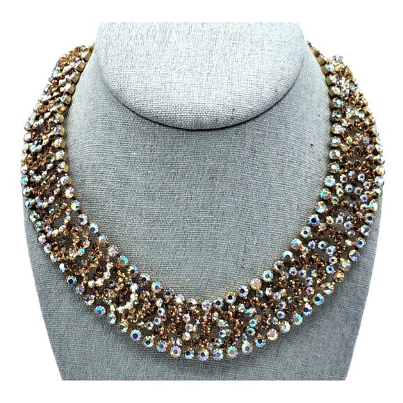 Vintage Kramer Jewelry Set Rhinestone Necklace Earrings Champagne Topaz Aurora B - Picture 8 of 15